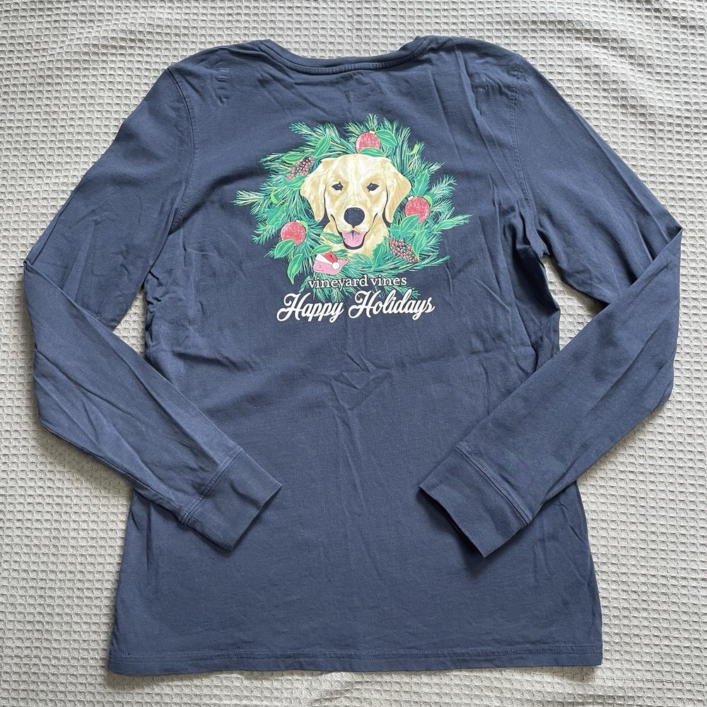Vineyard Vines Christmas Dog Shirt XS Womens Long Sleeve Blue Wreath Holidays
